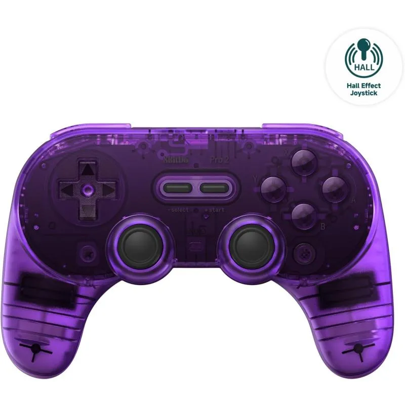 8Bitdo Pro 2 Bluetooth Controller Kablosuz Hall Effect Oyun Kolu ,Nintendo Switch/Switch 2,PC, Android,Steam Deck ,Apple ,macOS, Raspberry Pi Transparan Mor