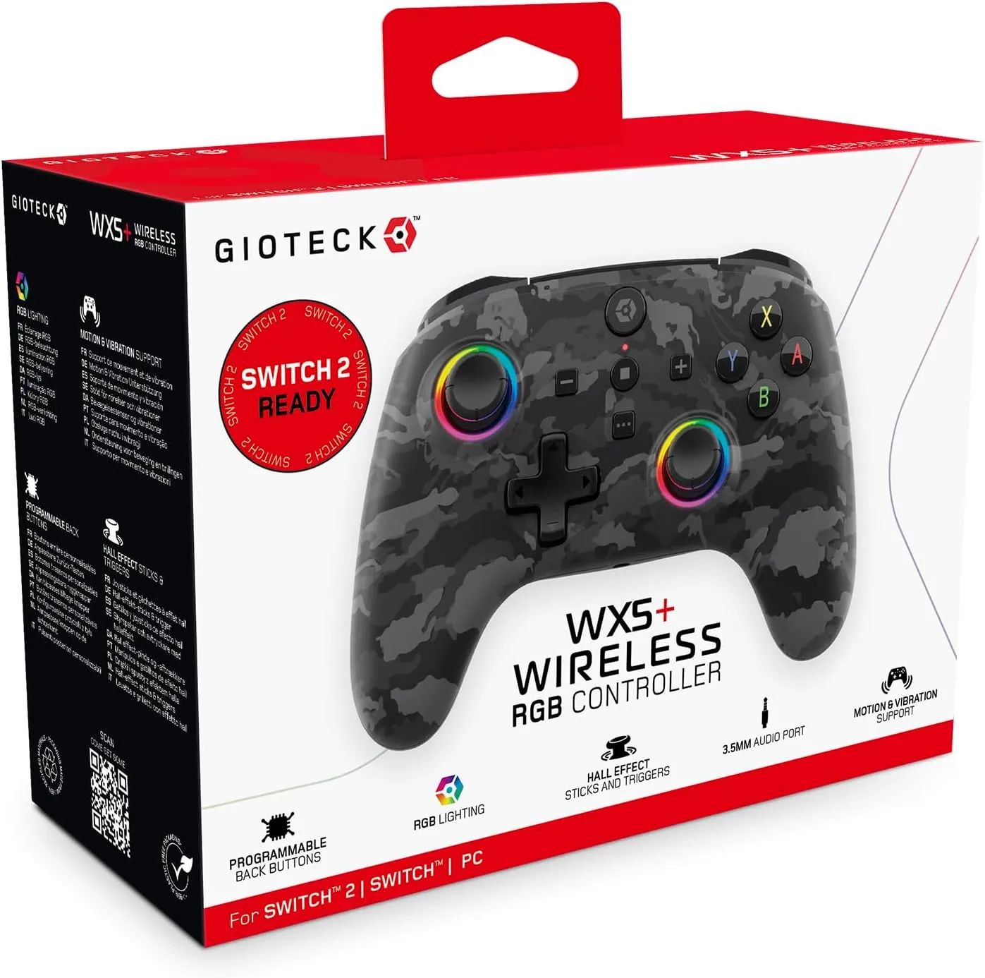 Gioteck WX5+ Dark Camo - Wireless Controller for Nintendo Switch 2 - Chat Menu Button - Hall Effect Thumbs and Triggers - Customisable RGB - Programmable Back Buttons
